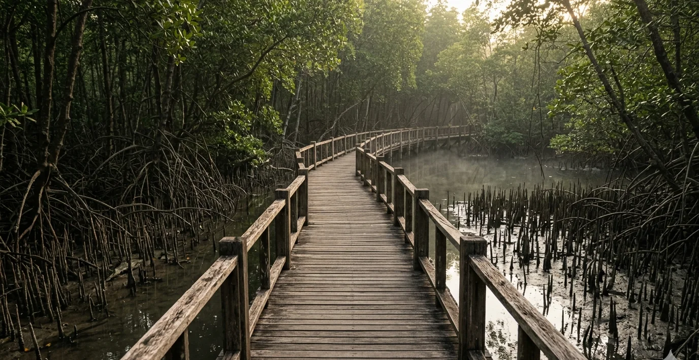 Wooden walkway through the mangroves of Pran Buri Forest Park