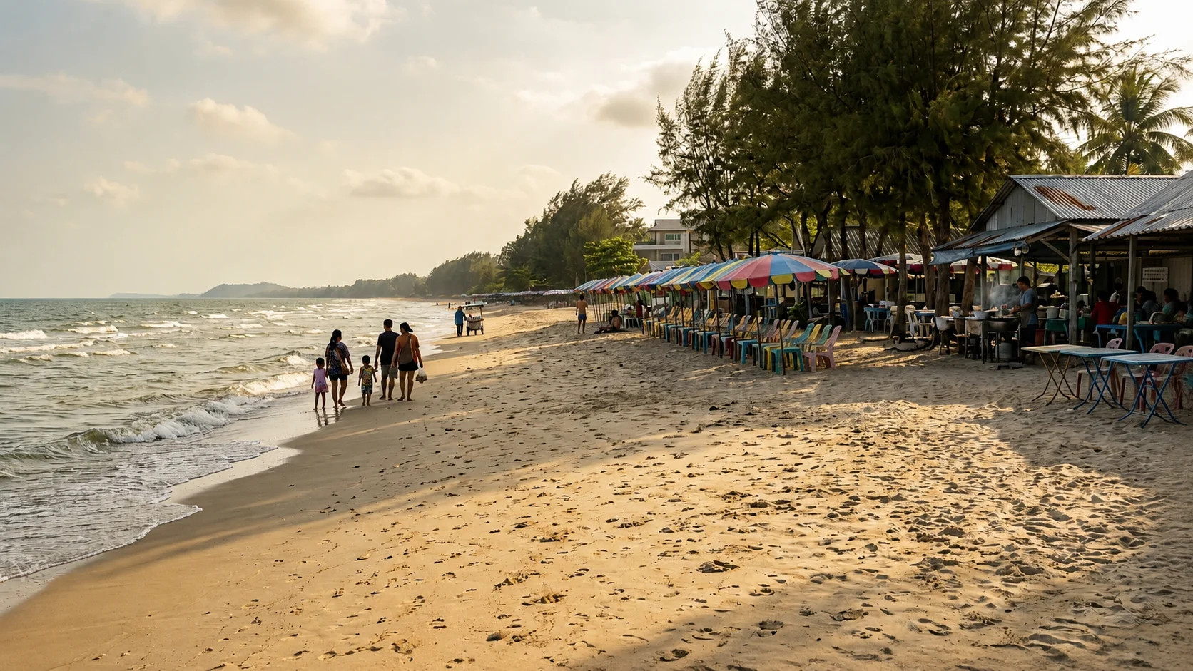 Cha-Am beach with its row of local restaurants and colourful umbrellas